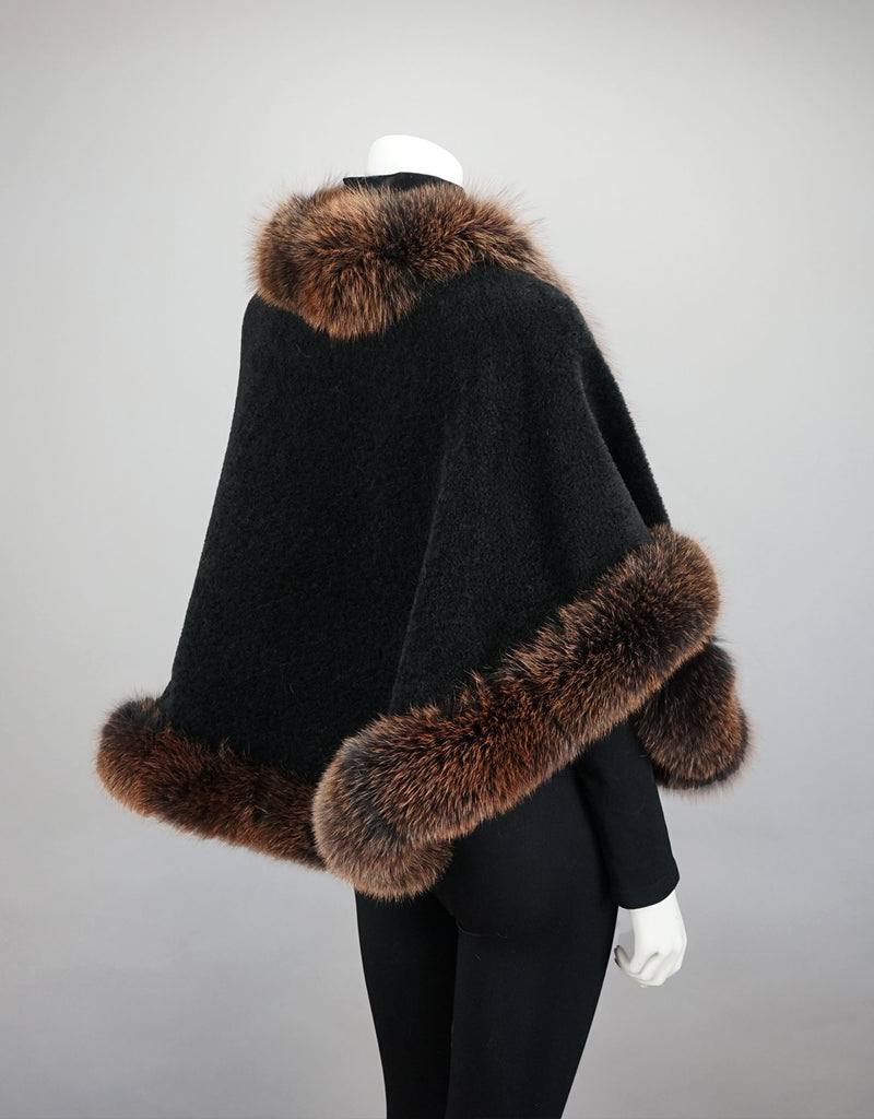Petite Alpaca Cape with Fox Trim - Black Brown