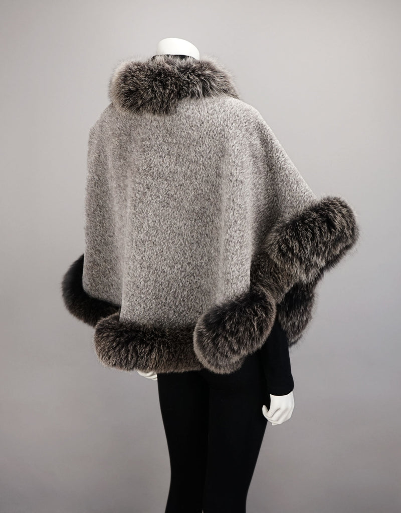 Petite Alpaca Cape with Fox Trim - Silver Black Snow