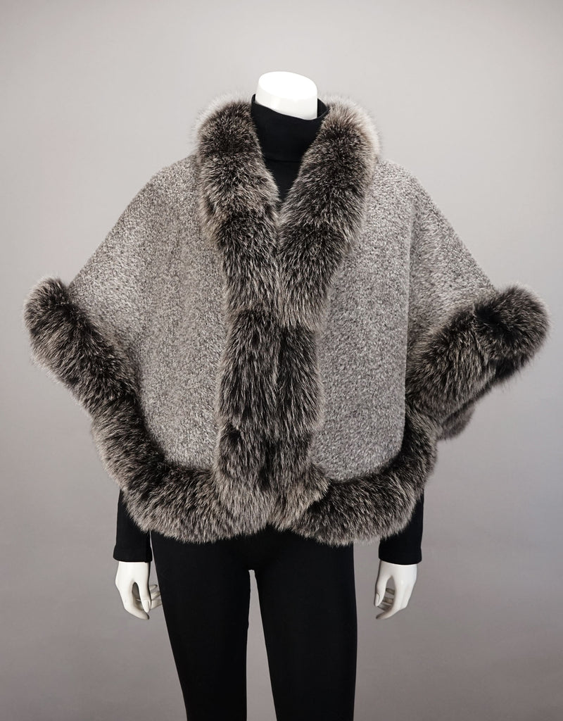 Petite Alpaca Cape with Fox Trim - Silver Black Snow