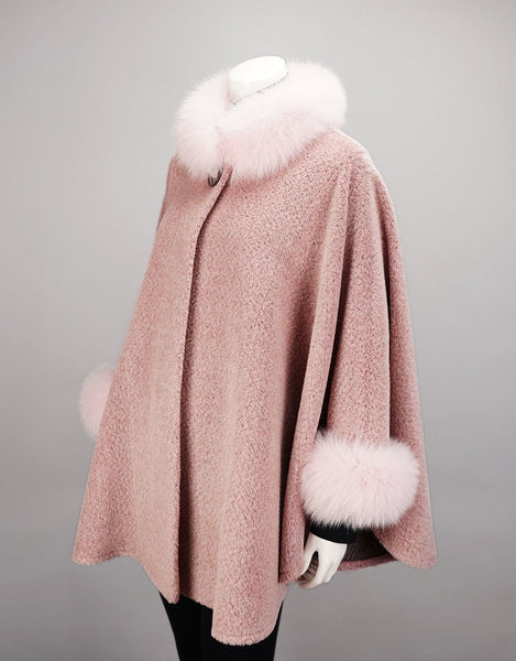 Wool & Alpaca Blend Mandarin Collar Cape - Pink