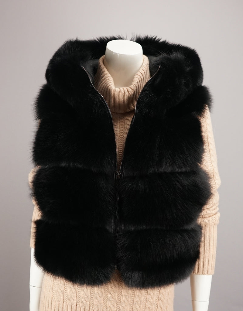 Fox Short Zip Vest with Hood - Black