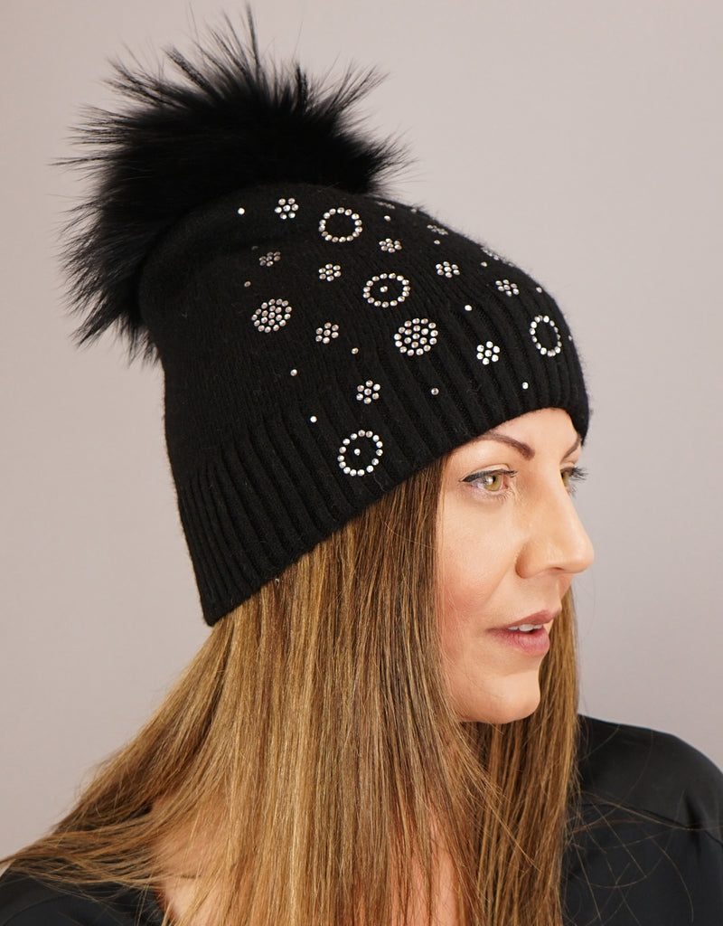 Circle Flower Rhinestone Hat- Black