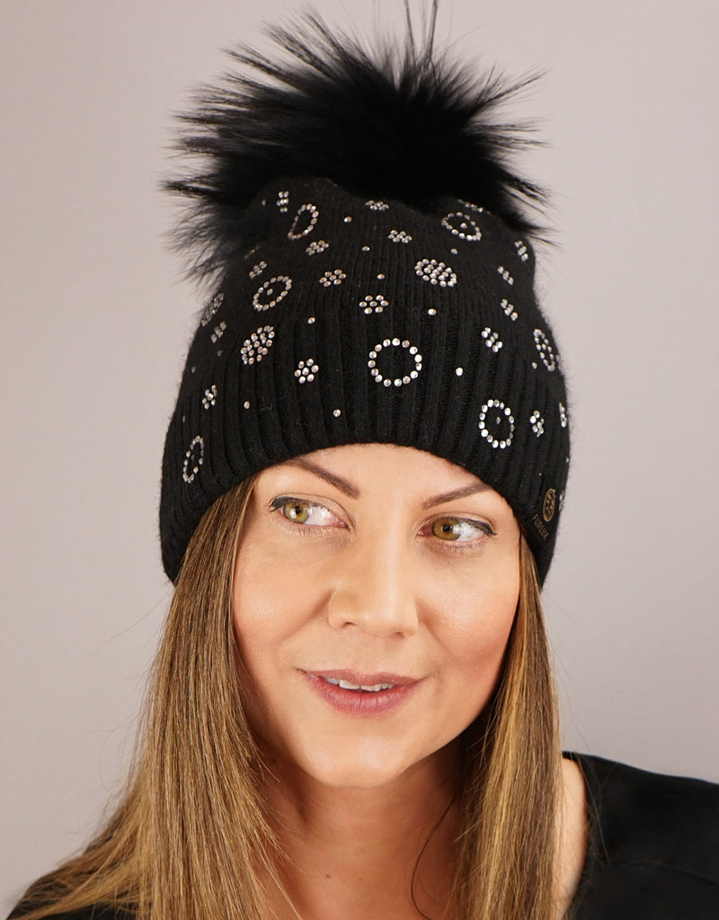 Circle Flower Rhinestone Hat- Black