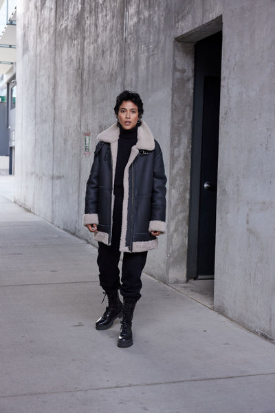 Long Reversible Shearling Bomber Jacket