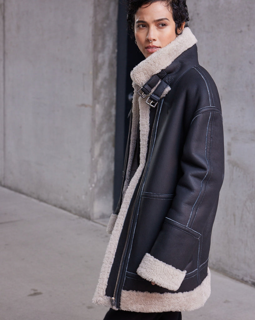 Long Reversible Shearling Bomber Jacket