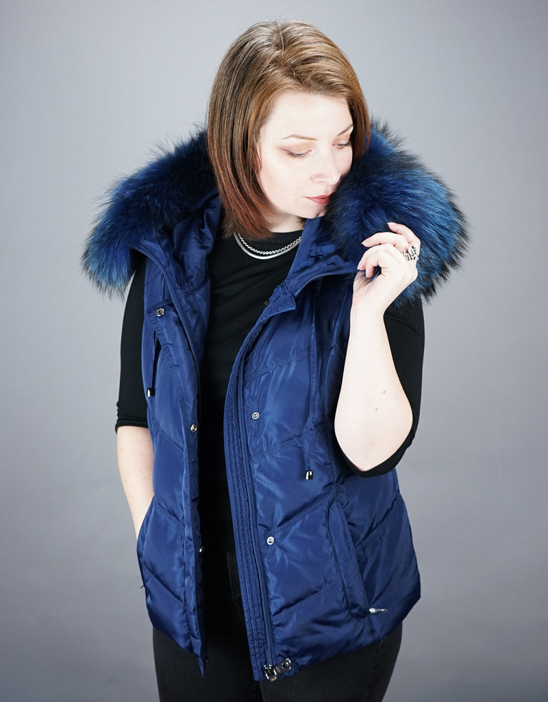 Hooded Vest with Fur Trim Blue