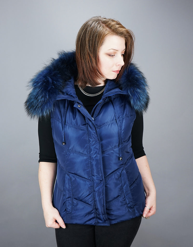 Hooded Vest with Fur Trim Blue