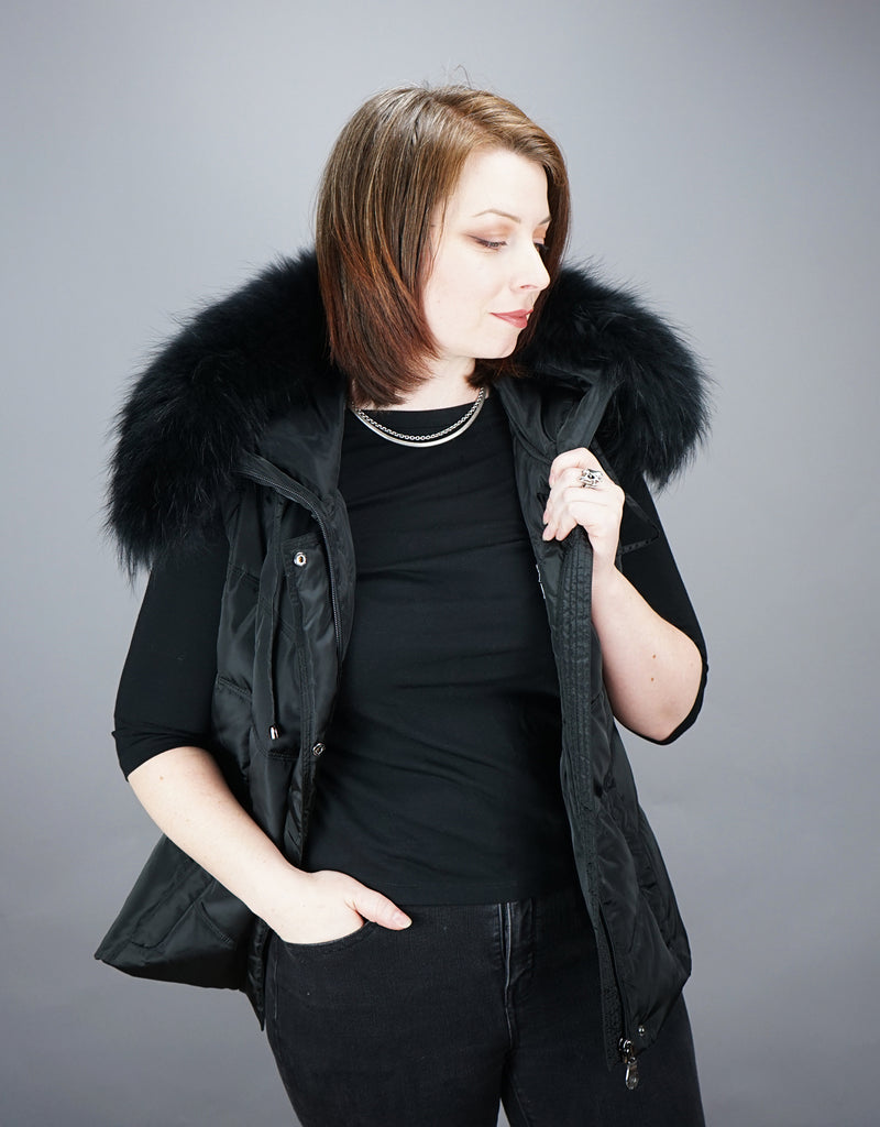 Hooded Vest with Fur Trim Black