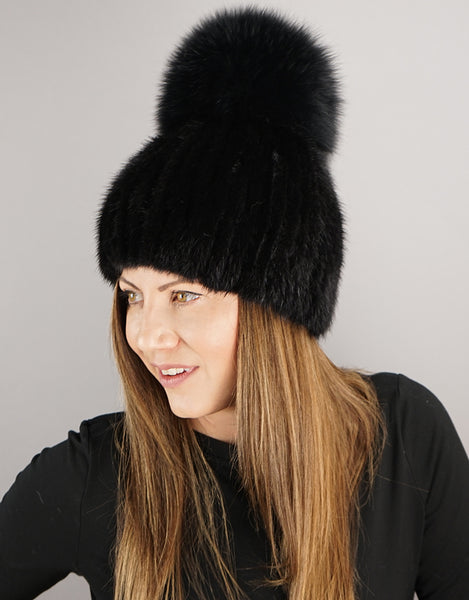 Oversize Pom Mink Hat - Black / Black