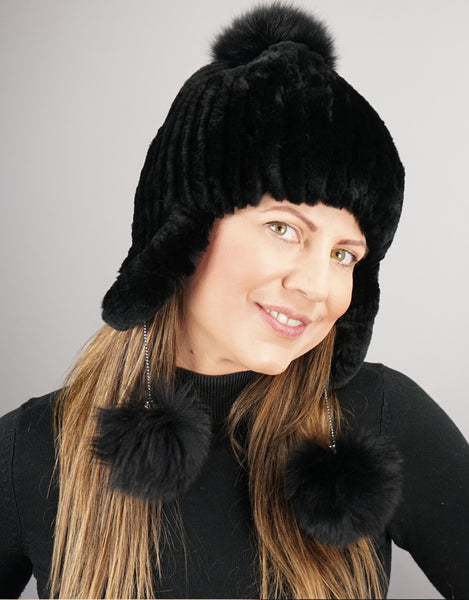 Novel Tri-Pom Stretch Rex Hat - Black