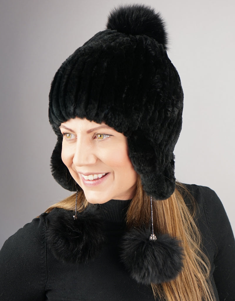 Novel Tri-Pom Stretch Rex Hat - Black