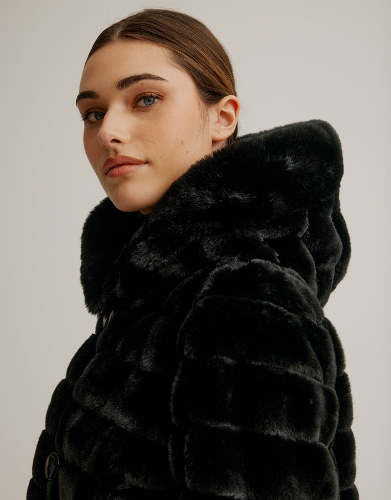 Hooded Reversible Faux Fur Stroller- Black