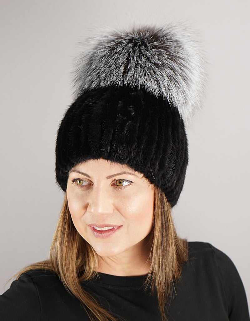 Oversize Pom Mink Hat - Black / Silver