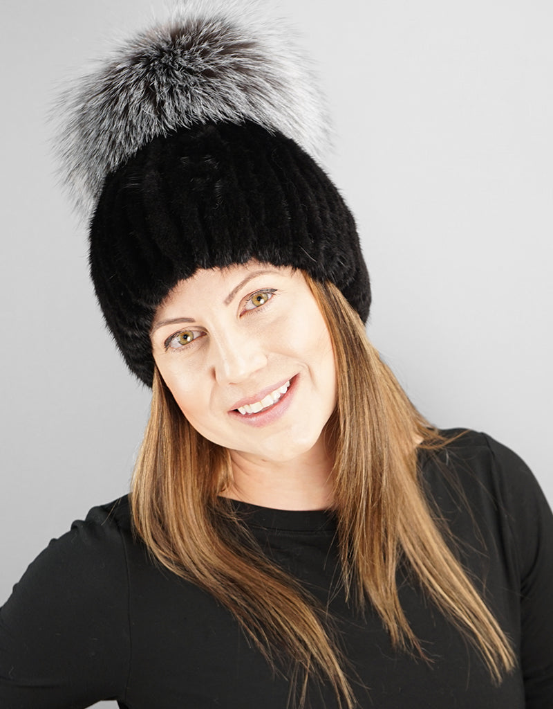 Oversize Pom Mink Hat - Black / Silver