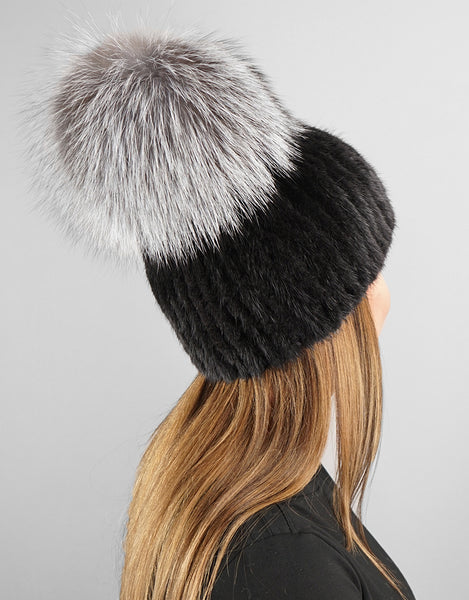 Oversize Pom Mink Hat - Black / Silver