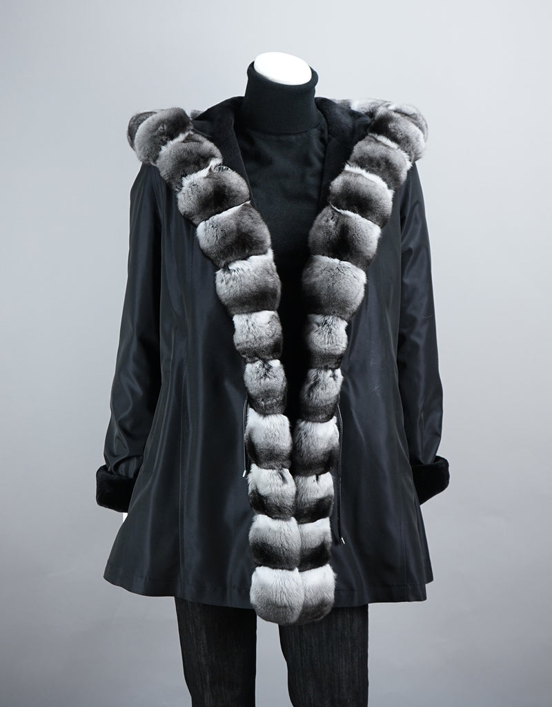 Sheared Mink Hooded Reversible Jacket with Chinchilla Trim