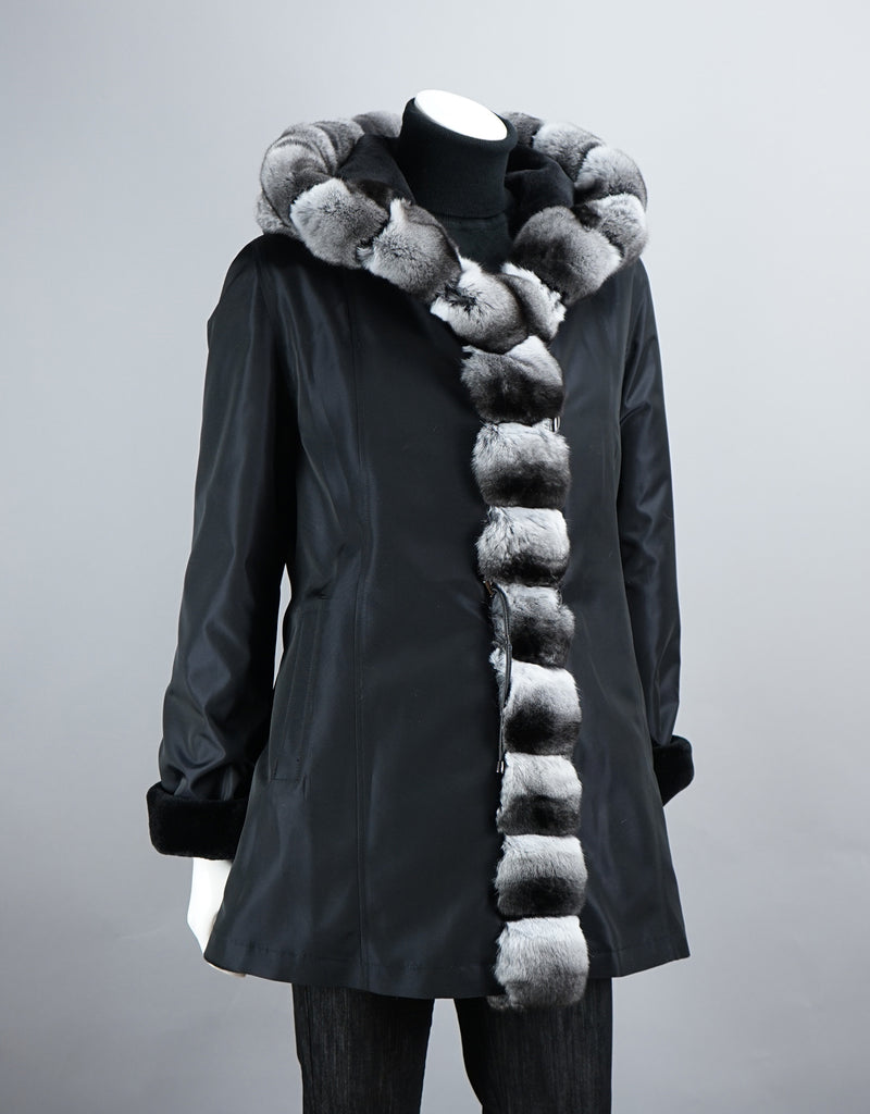 Sheared Mink Hooded Reversible Jacket with Chinchilla Trim
