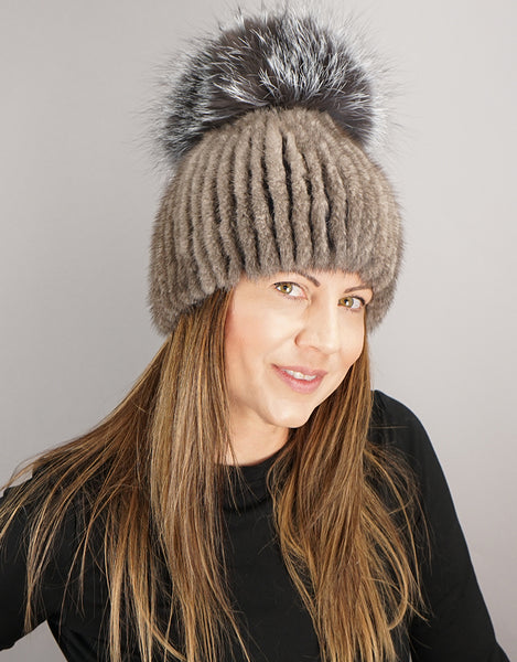 Oversize Pom Mink Hat - Grey /  Silver