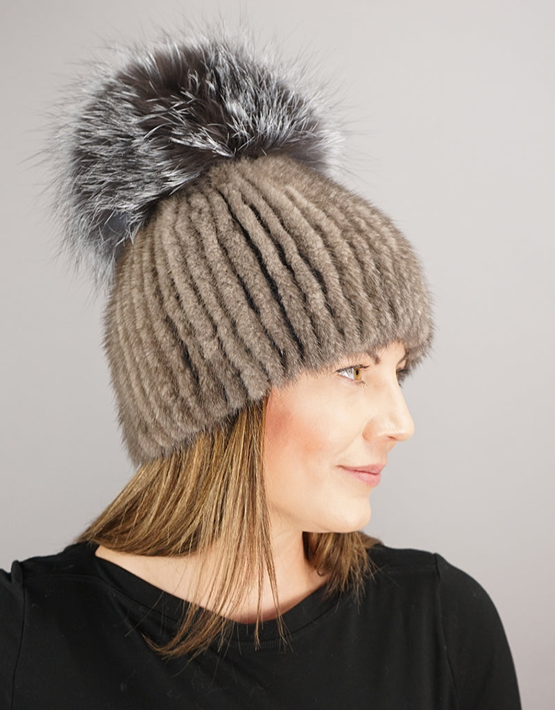 Oversize Pom Mink Hat - Grey /  Silver