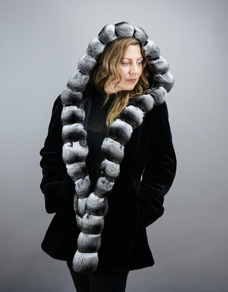 Sheared Mink Hooded Reversible Jacket with Chinchilla Trim