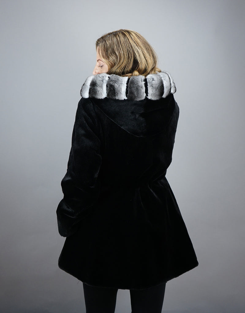 Sheared Mink Hooded Reversible Jacket with Chinchilla Trim