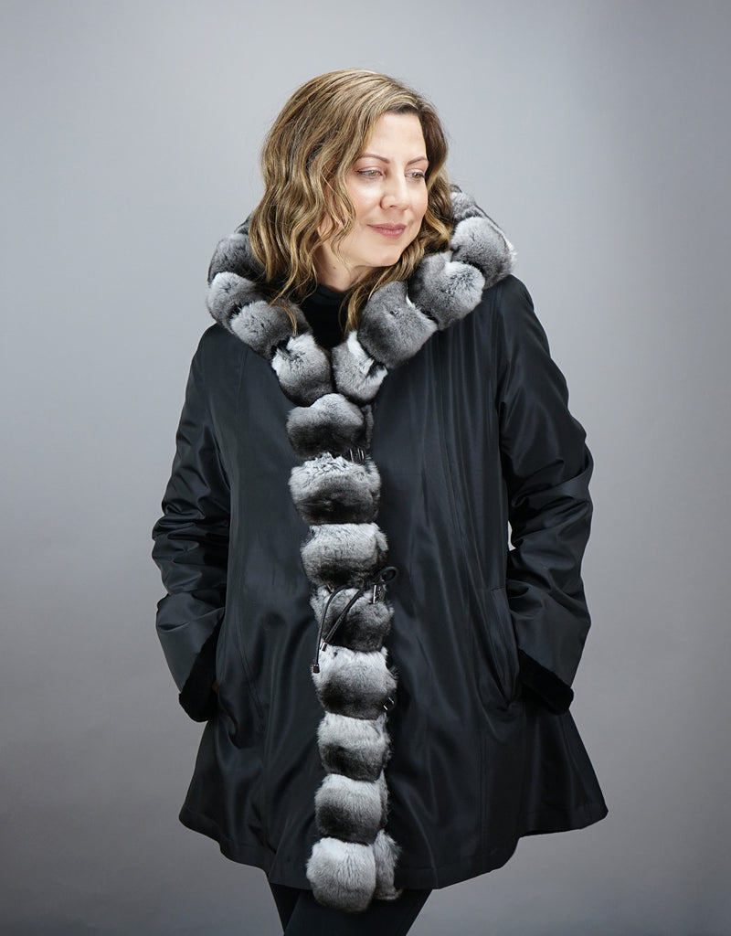 Sheared Mink Hooded Reversible Jacket with Chinchilla Trim
