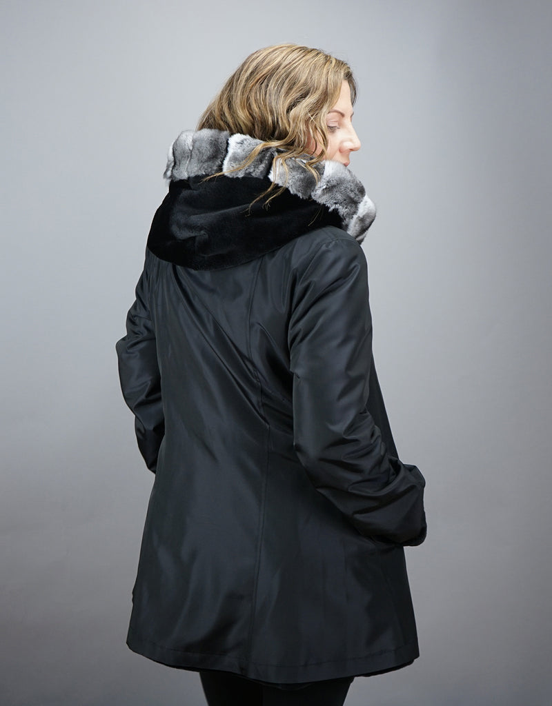 Sheared Mink Hooded Reversible Jacket with Chinchilla Trim