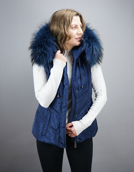 Hooded Vest with Fur Trim Blue