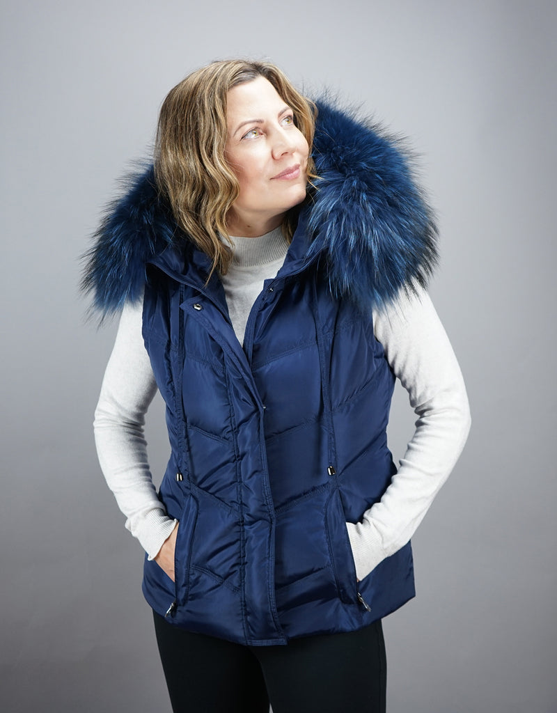 Hooded Vest with Fur Trim Blue