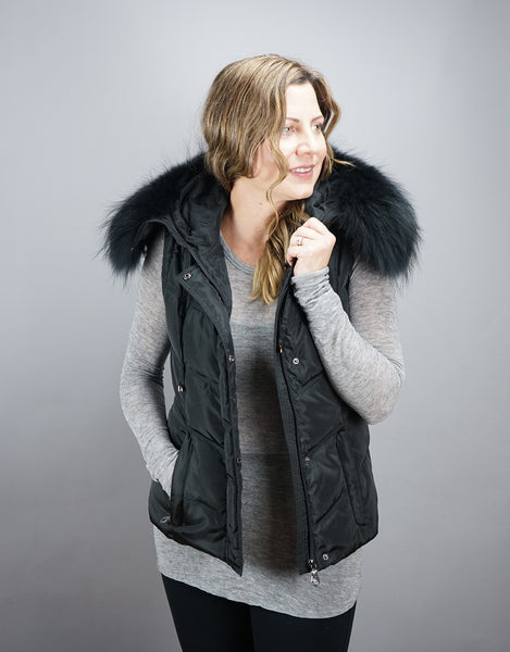 Hooded Vest with Fur Trim Black