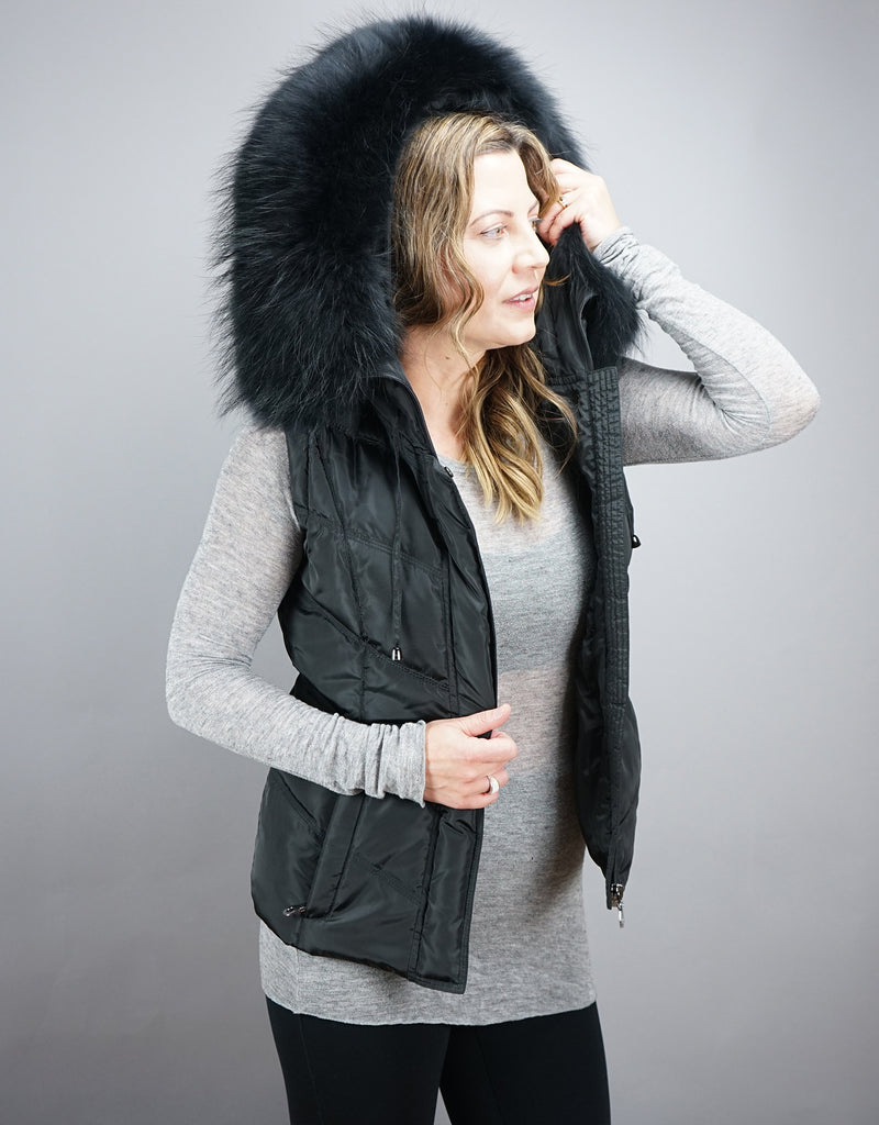 Hooded Vest with Fur Trim Black