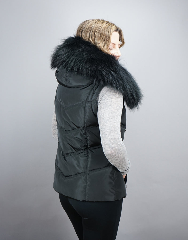 Hooded Vest with Fur Trim Black