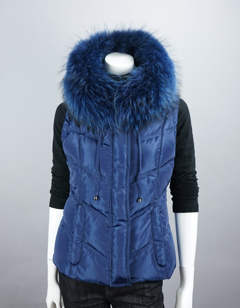 Hooded Vest with Fur Trim Blue
