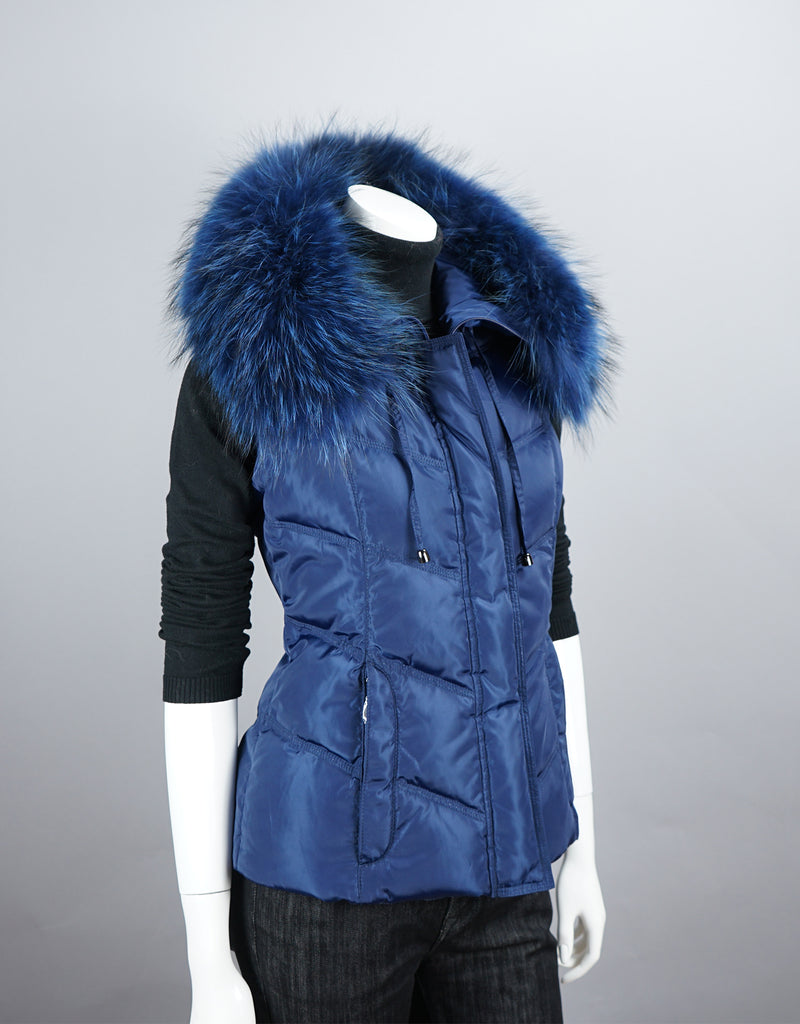 Hooded Vest with Fur Trim Blue