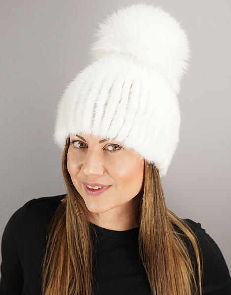 Oversize Pom Mink Hat - White /  White
