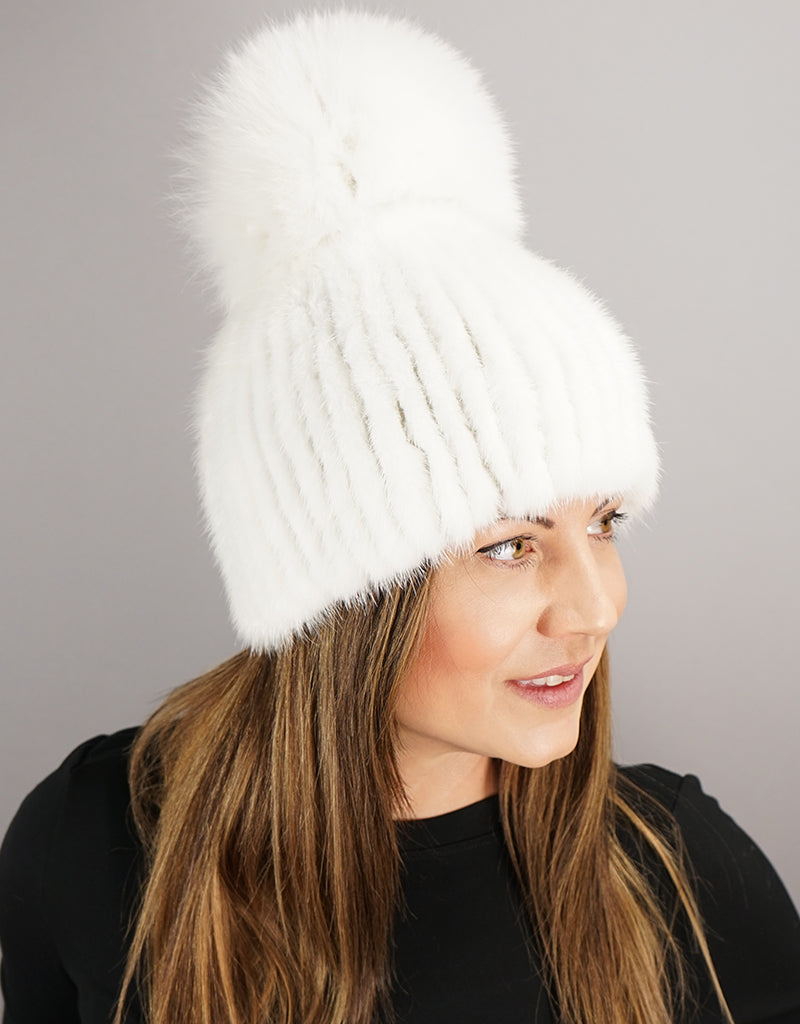 Oversize Pom Mink Hat - White /  White