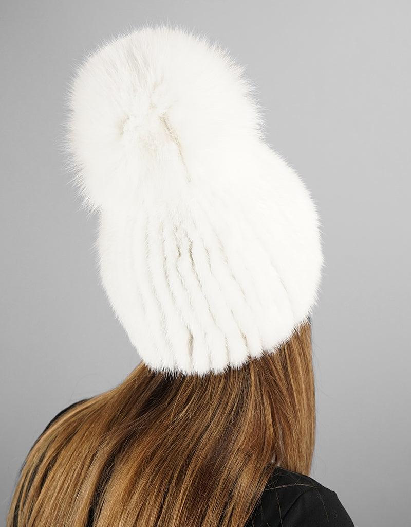 Oversize Pom Mink Hat - White /  White