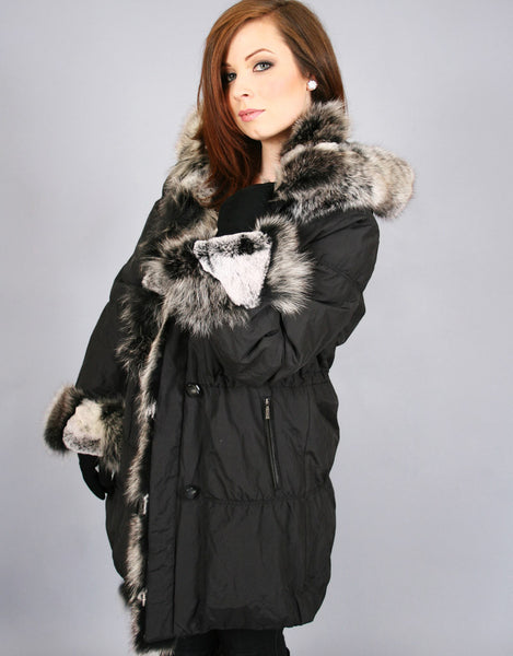 Rabbit Lined Carcoat with Detach Hood-Black