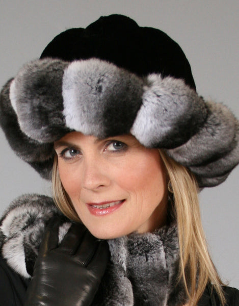 Black sheared mink crown with natural chinchilla flexible brim