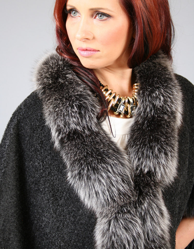 Petite Alpaca Cape with Fox Trim - Beige