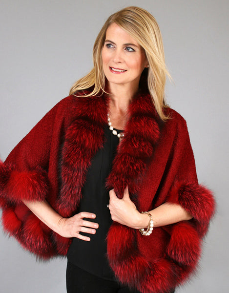 Petite Alpaca Cape with Fox Trim - Red
