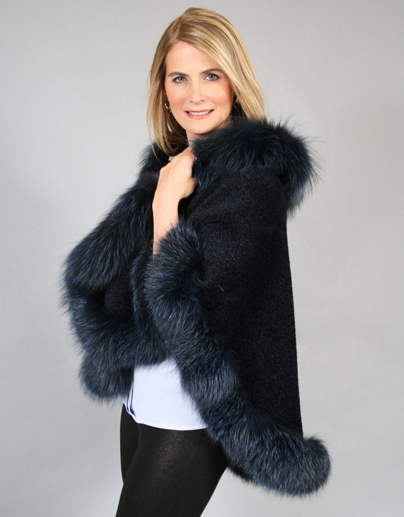 Petite Alpaca Cape with Fox Trim - Beige