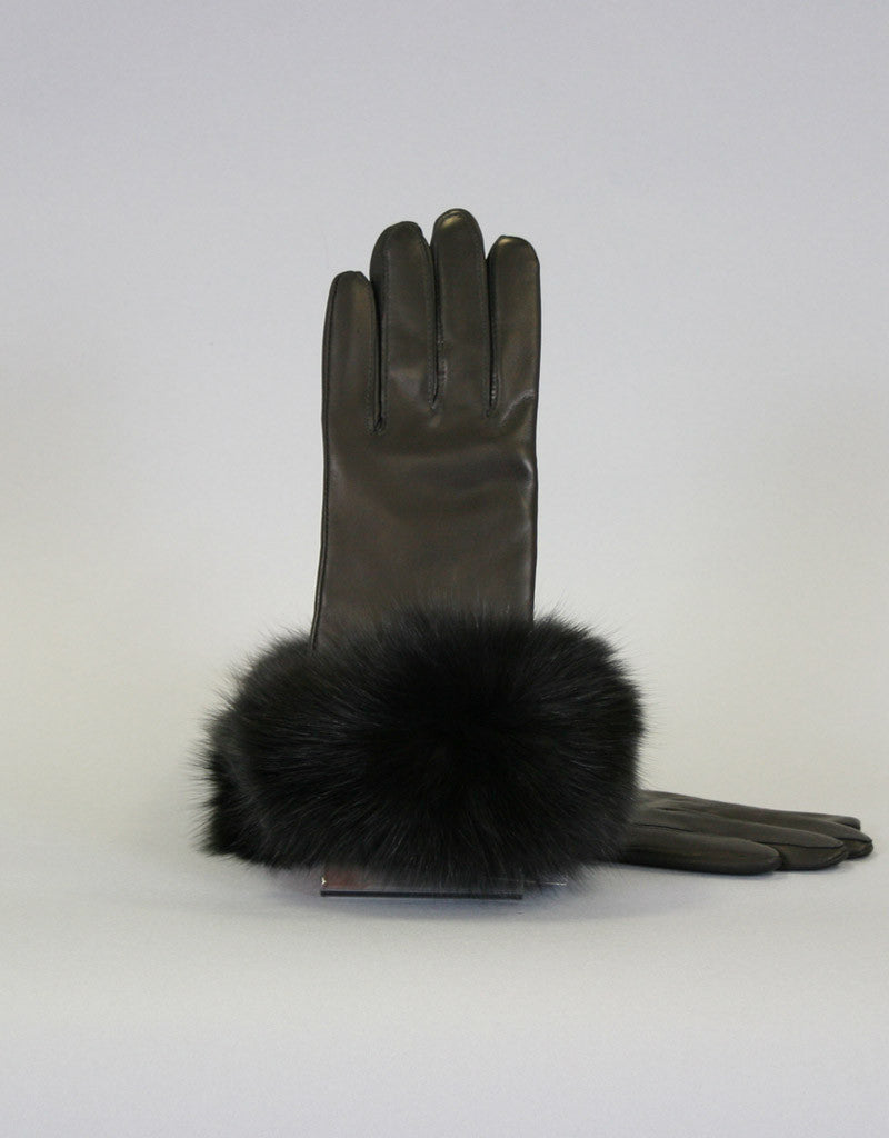 Cashmere Lined Fur Trim Glove-Black/ Pink Fox