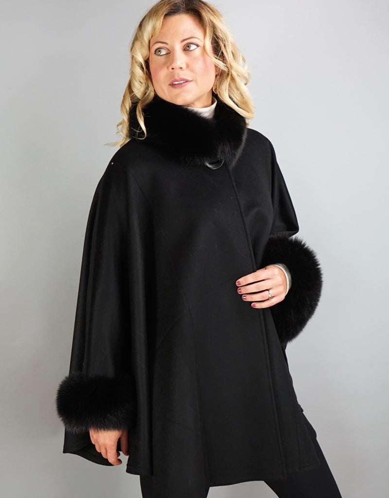 Cashmere Mandarin Collar Cape- Black