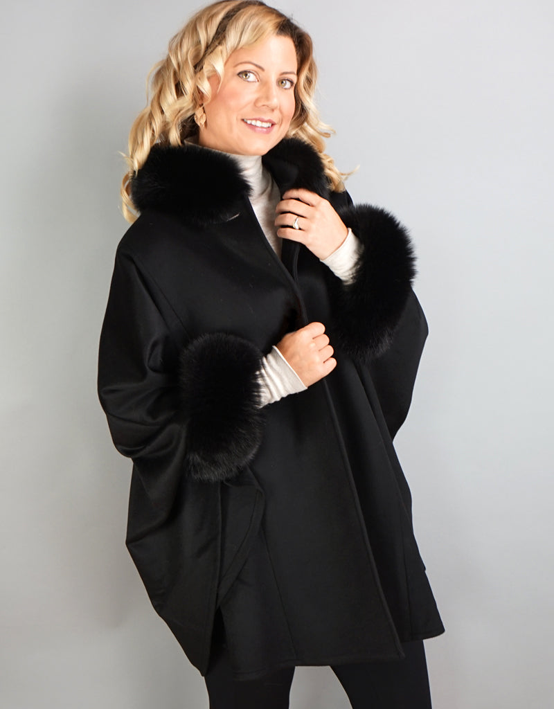 Cashmere Mandarin Collar Cape- Black