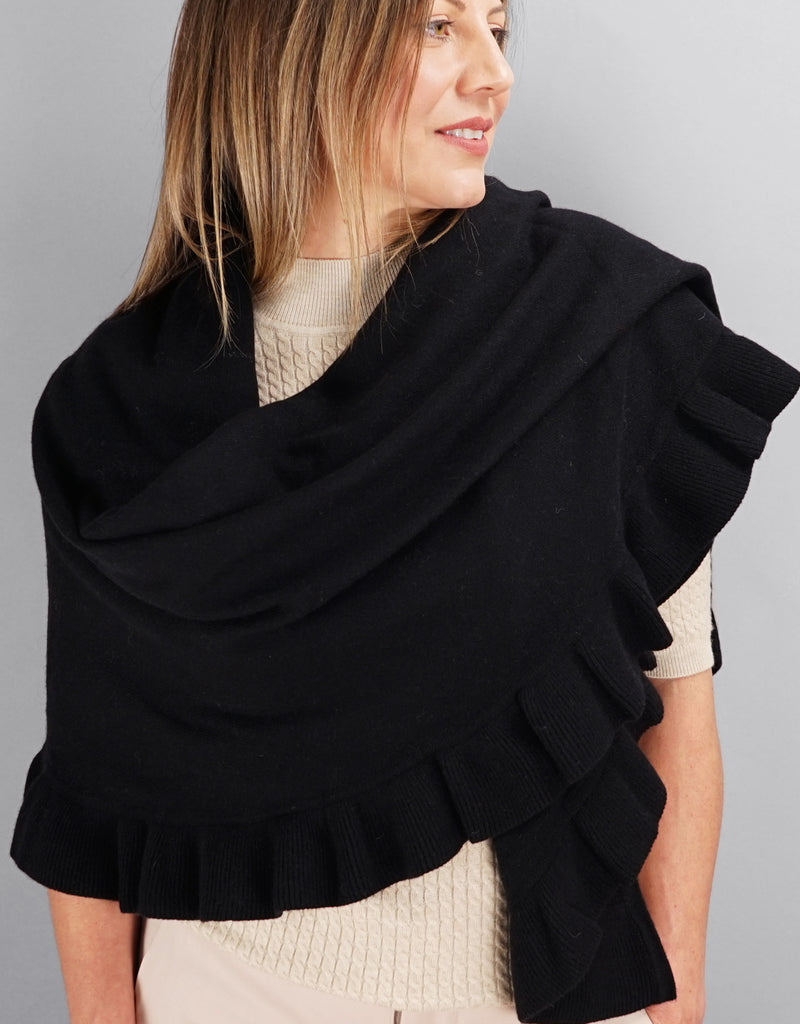 Beautiful Cashmere Ruffle Shawl- Black