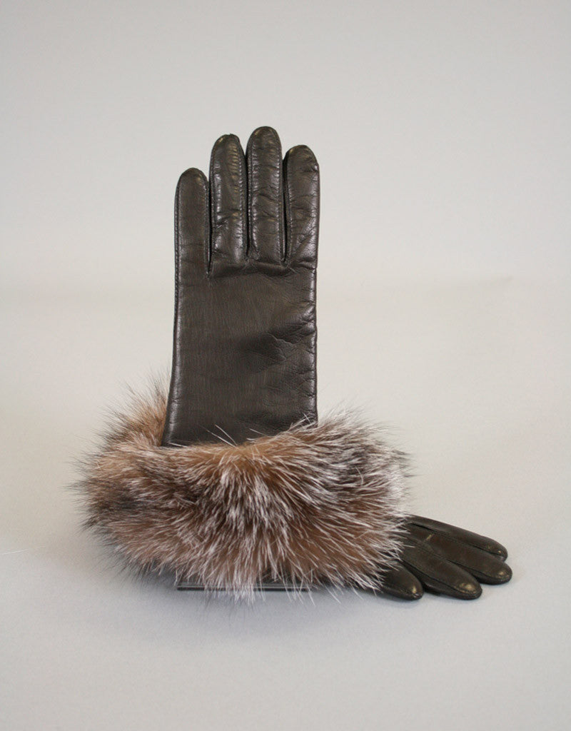 Cashmere Lined Fur Trim Glove-Black/ Silver Fox