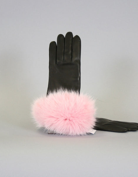 Cashmere Lined Fur Trim Glove-Black/ Pink Fox