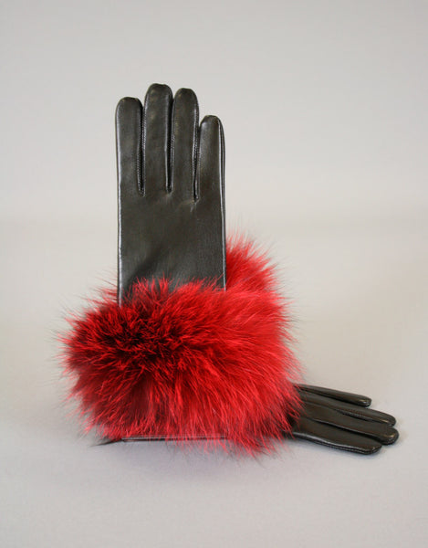 Fur Trim Leather Glove- Red dyed Indigo Fox
