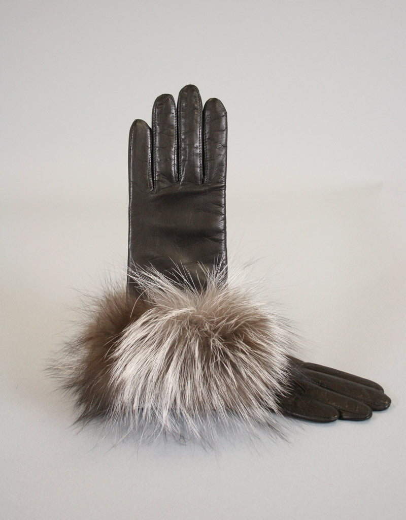 Cashmere Lined Fur Trim Glove-Black/ Pink Fox
